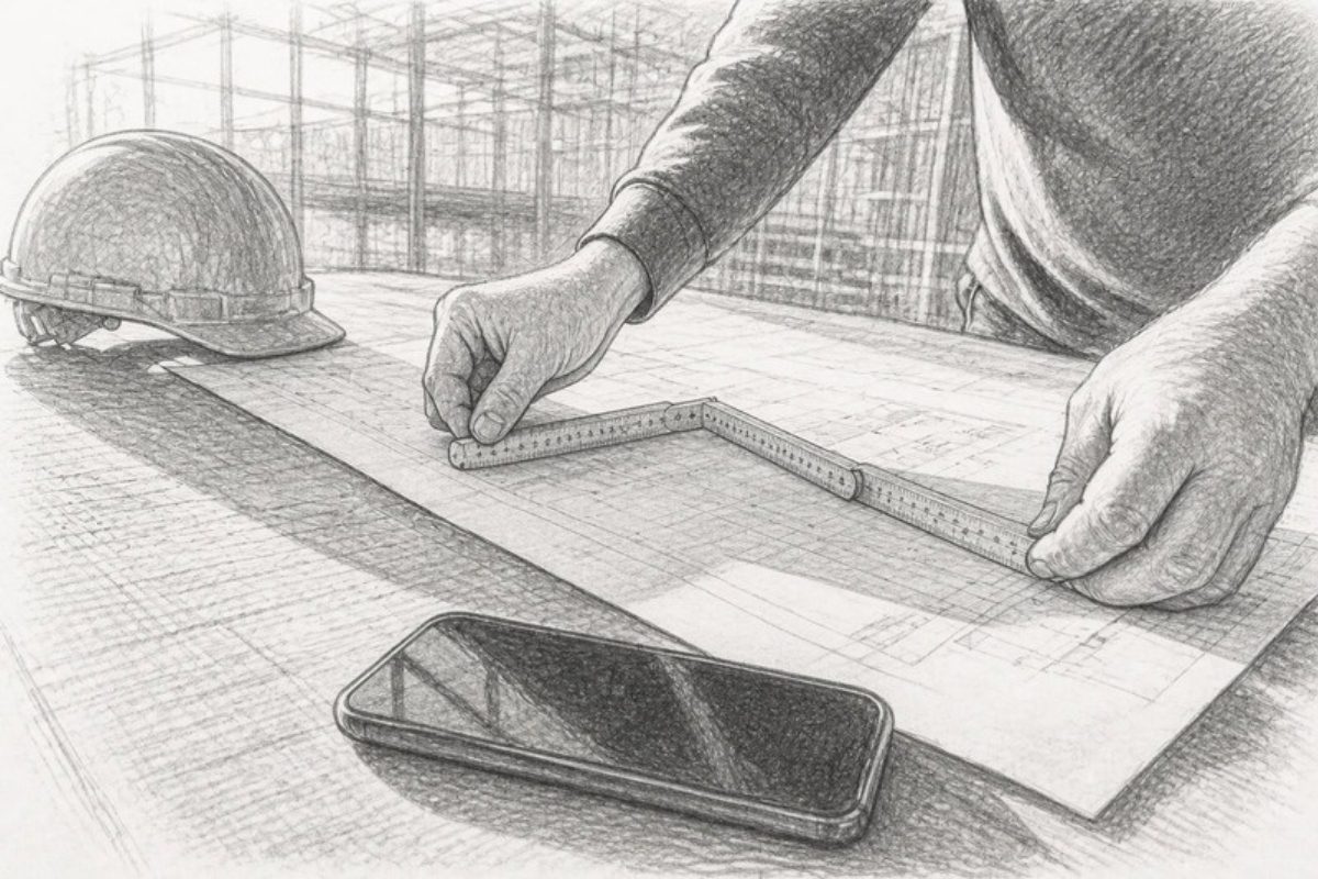 Sketch of hands measuring blueprint on site bench