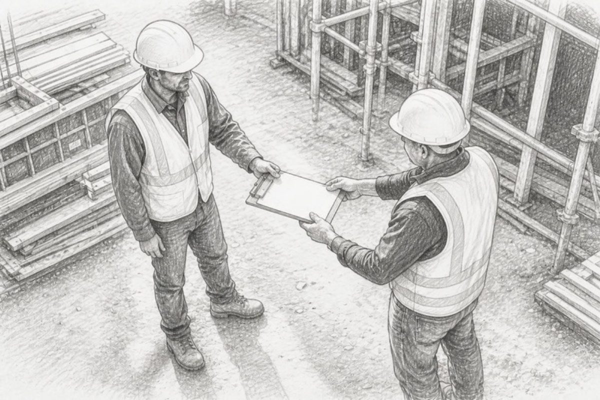 Sketch of foreman handing bid documents to subcontractor