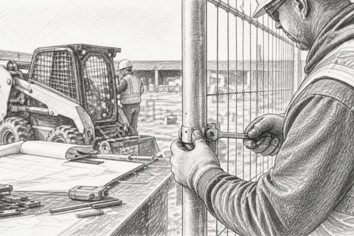 Sketch of foreman securing safety fence at construction site