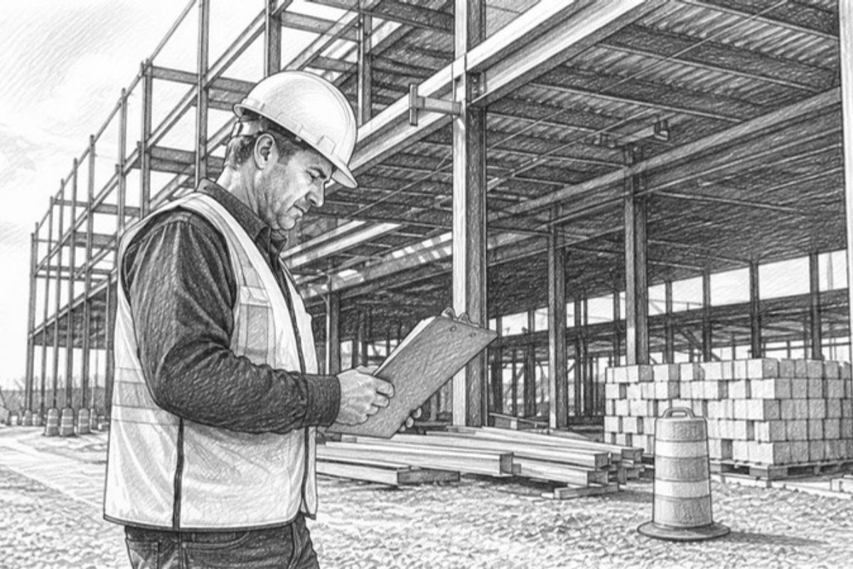 Sketch of construction manager reviewing staffing at job site