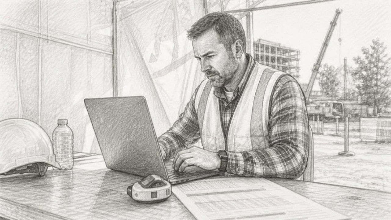 Sketch of project manager working on bid automation software
