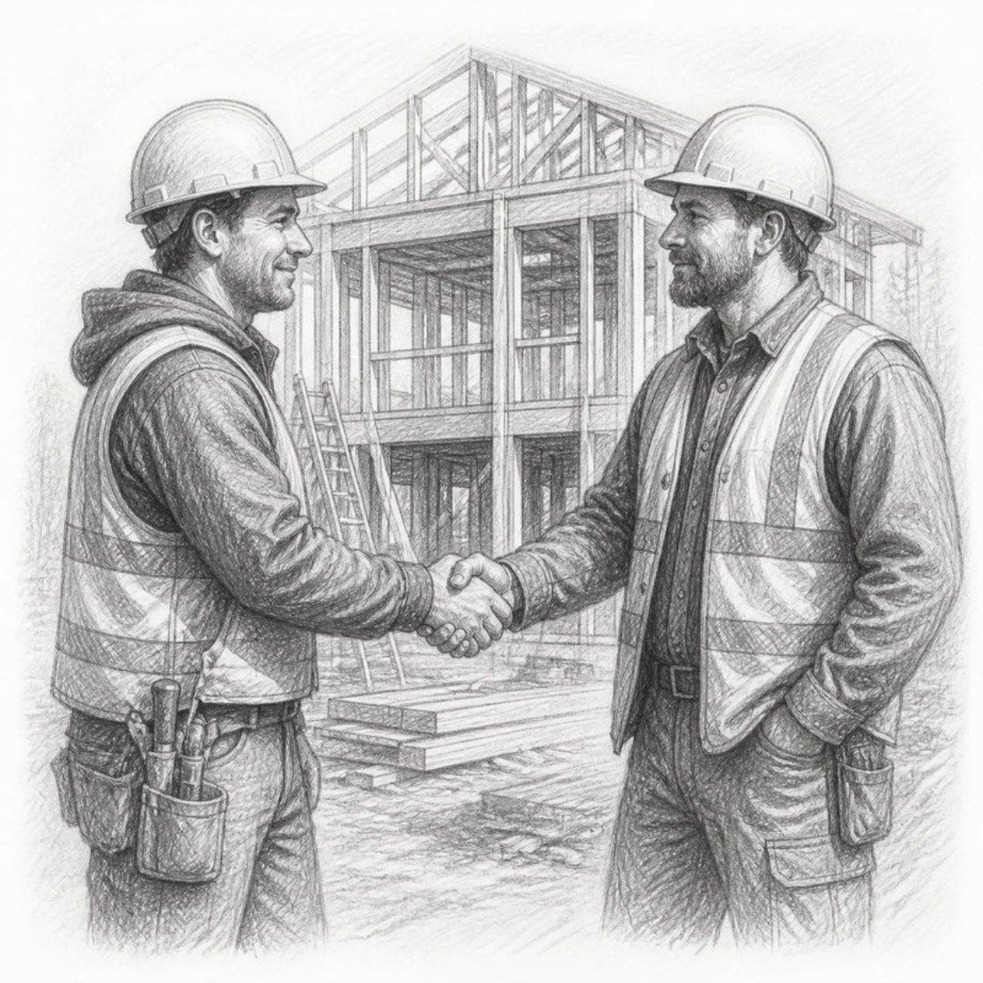 Sketch of two contractors in hard hats shaking hands on a jobsite