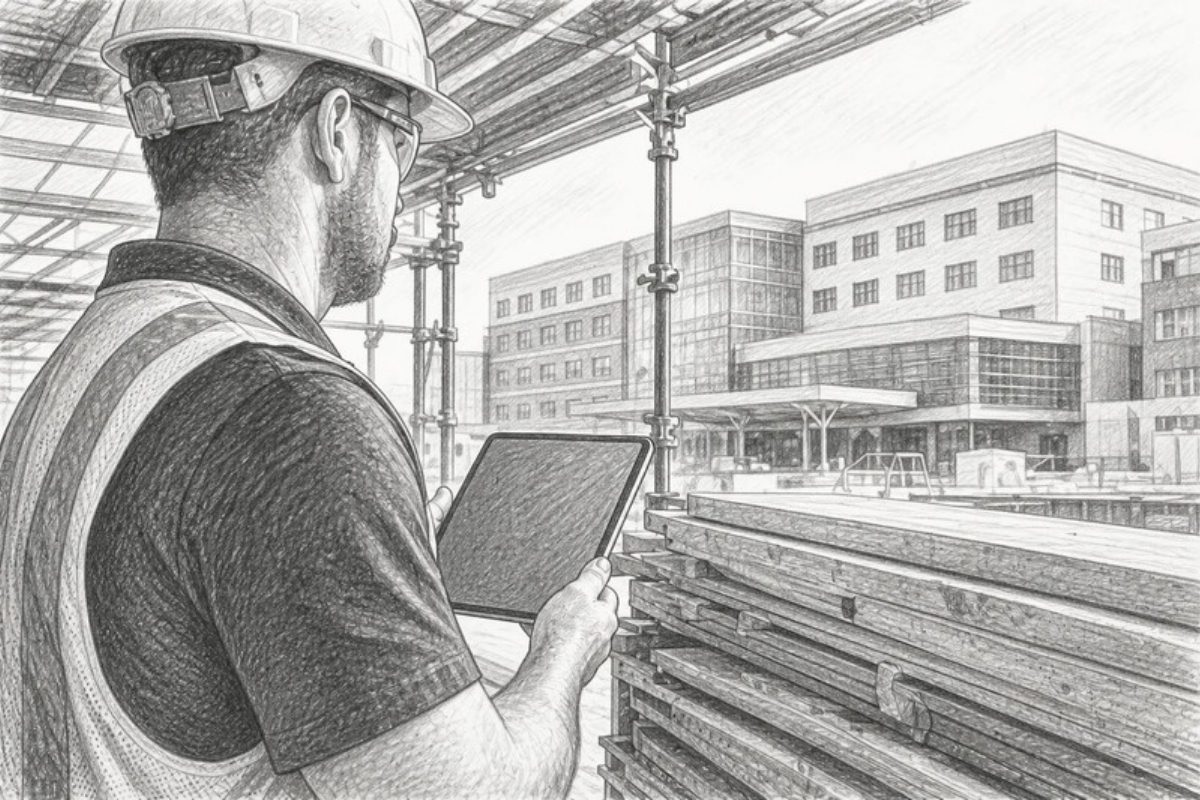 Sketch of contractor at VAMC construction site reviewing plans