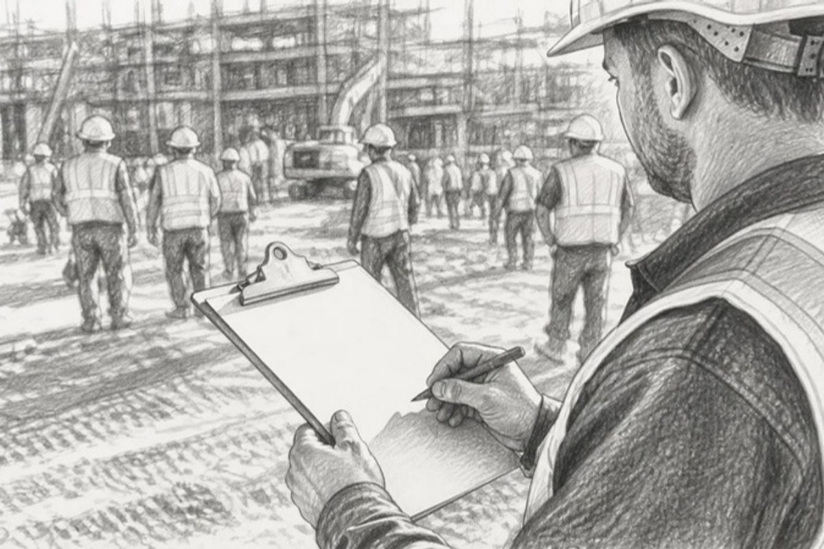 Sketch of foreman counting apprentices on construction site