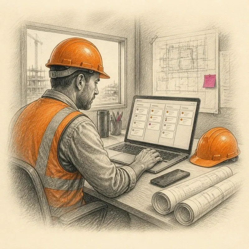 Pencil sketch of a contractor managing leads on a laptop in a site office
