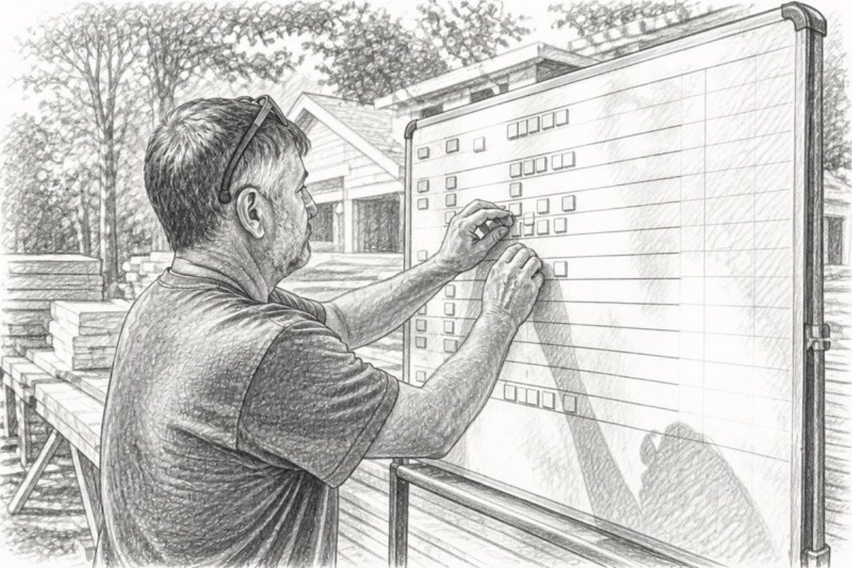 Sketch of foreman adjusting schedule board outdoors