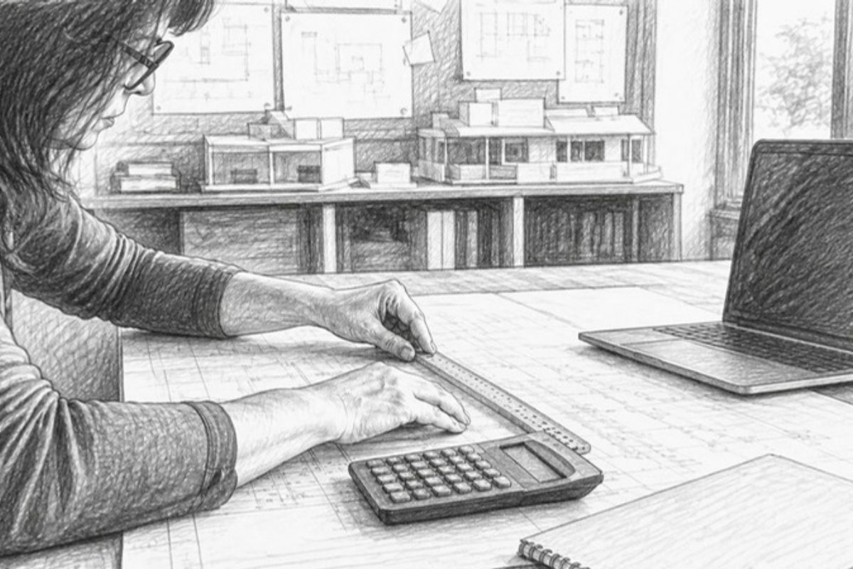 Sketch of hands measuring blueprint with calculator nearby