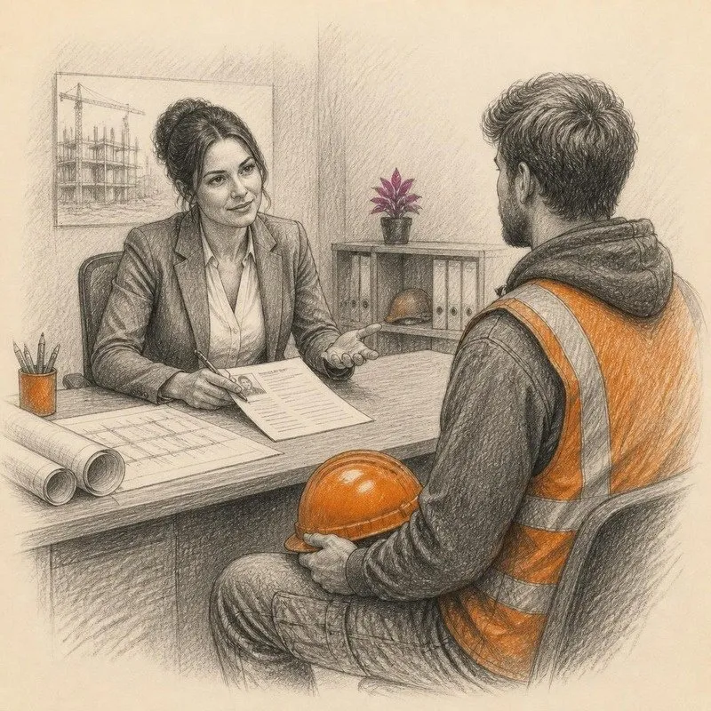 Pencil sketch of a construction recruiter interviewing a tradesperson