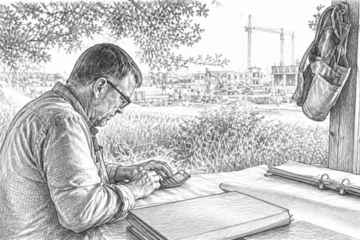 Sketch of construction estimator calculating wage rates