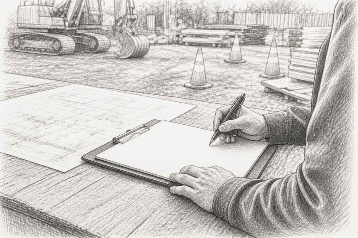 Sketch of hands arranging compliance checklist on desk