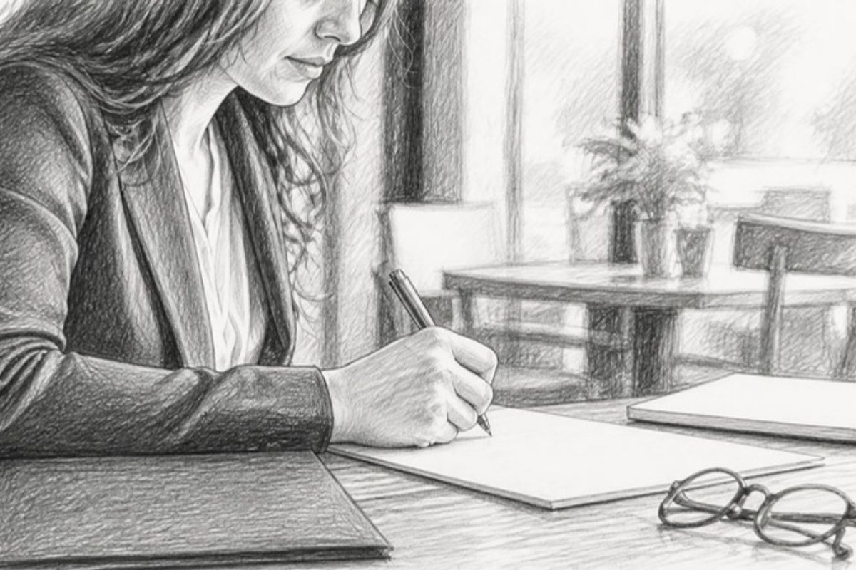 Sketch of woman signing WBE affidavit document