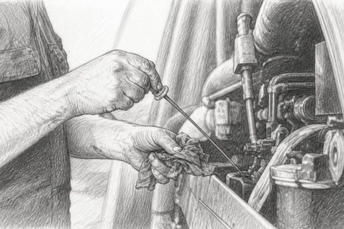 Sketch of hands checking vibration on construction equipment motor