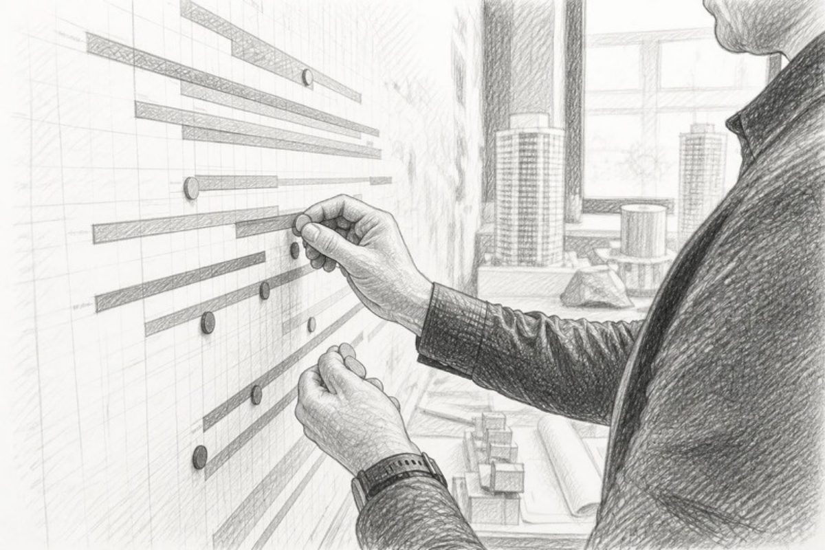 Sketch of hands adjusting cost loading schedule on wall chart