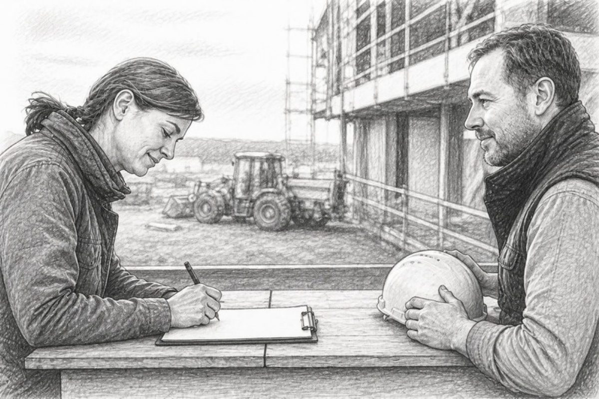 Sketch of hands approaching contract with hard hat