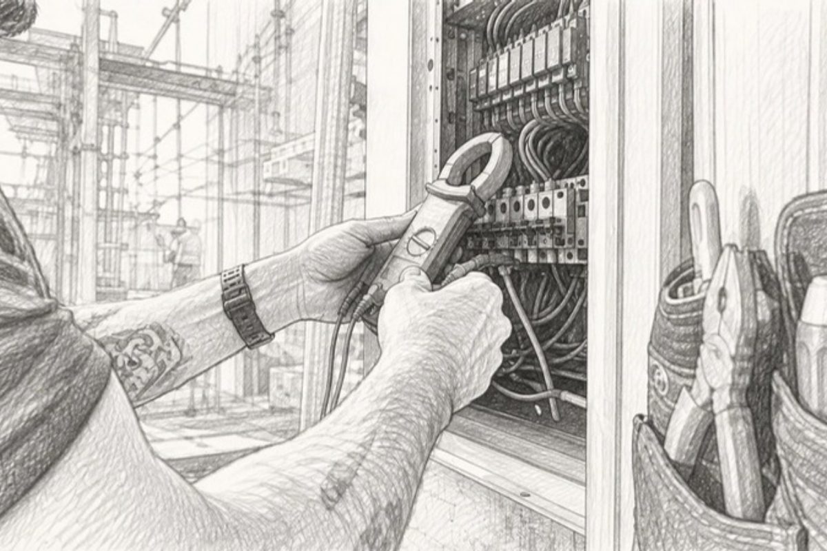 Sketch of electrician measuring current at electrical panel