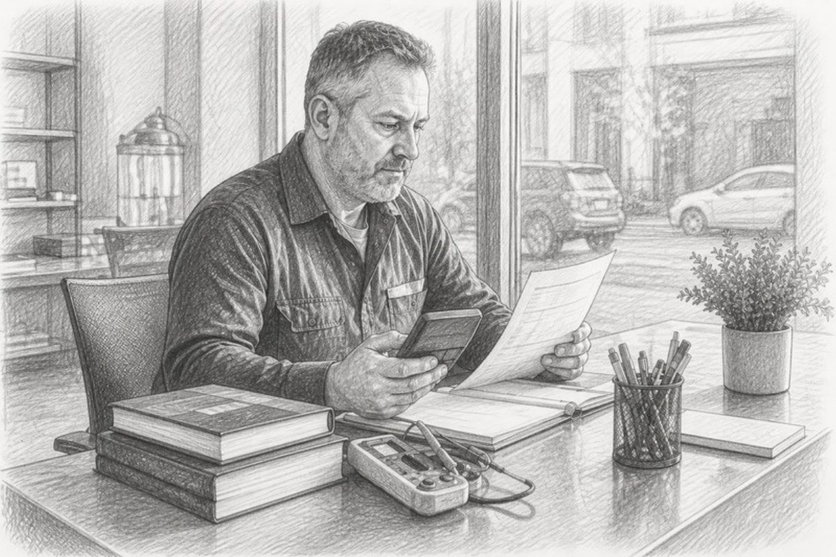 Sketch of hVAC contractor reviewing printed quote at desk