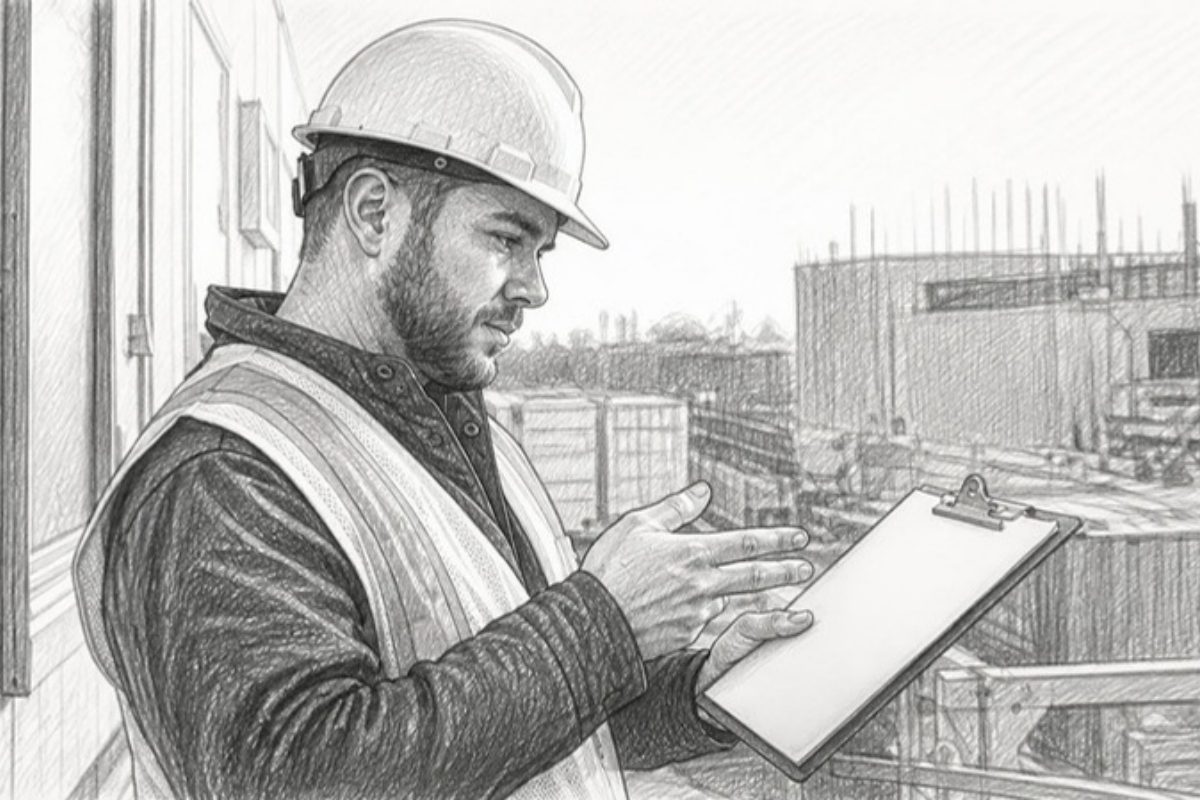 Sketch of construction worker reviewing wage data outdoors