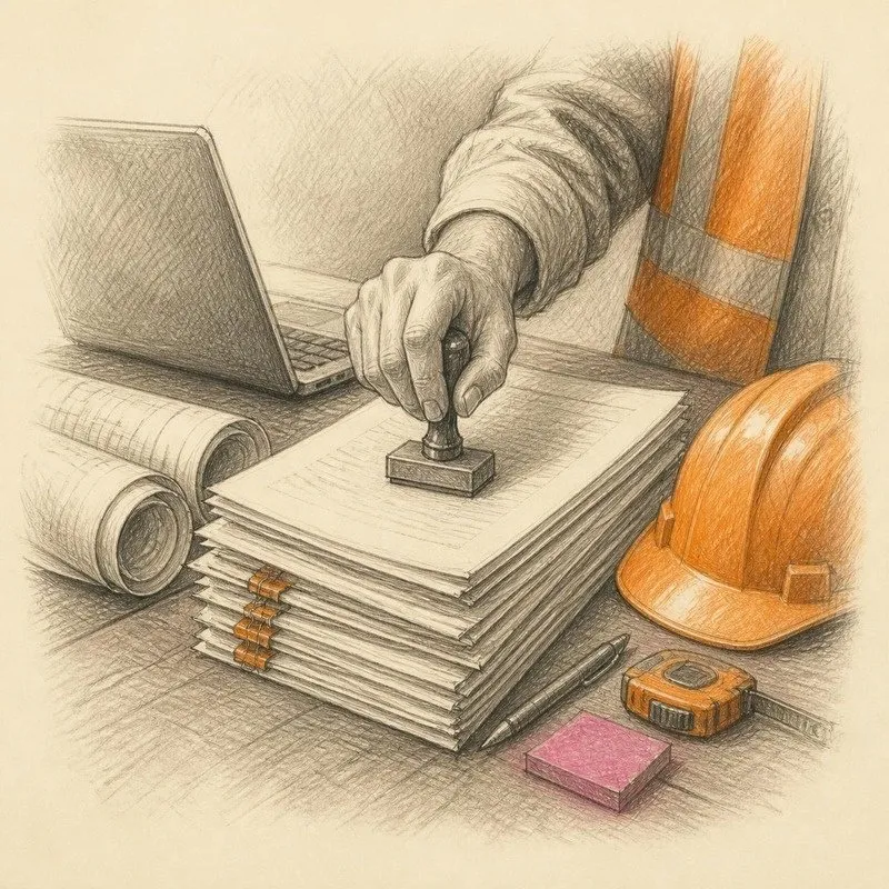 Pencil sketch of bid documents being stamped next to a laptop and hard hat