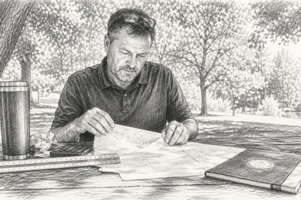 Sketch of estimator reviewing commercial electrical drawings