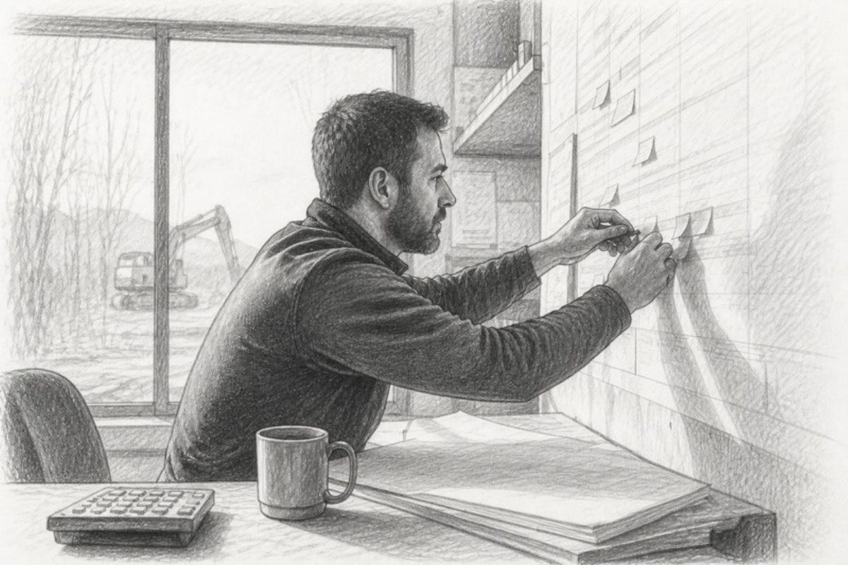 Sketch of hands arranging notes on project schedule paper