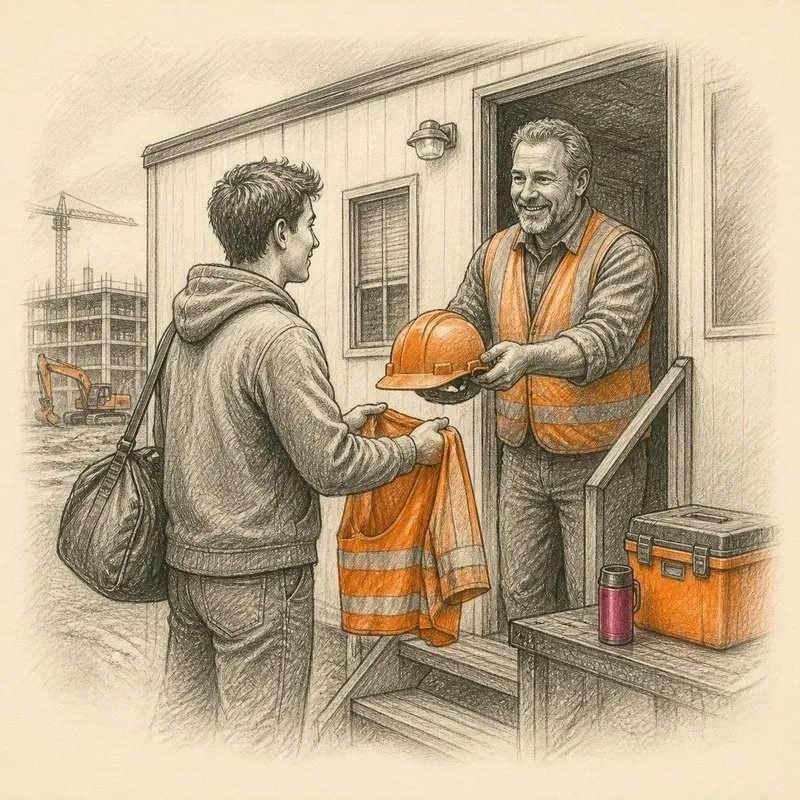 Pencil sketch of a new hire receiving a hard hat and safety vest on day one