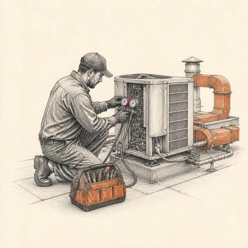 Pencil sketch of an HVAC technician servicing a rooftop condensing unit