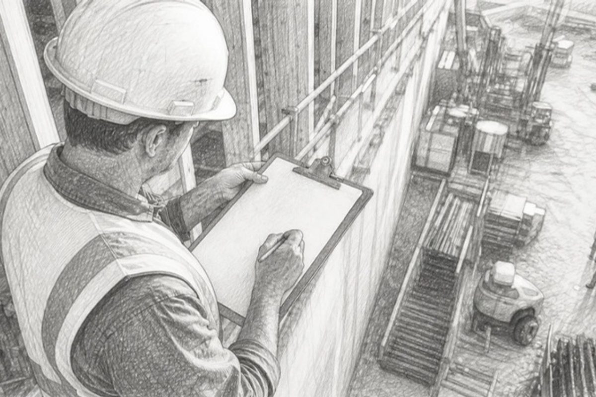 Sketch of project manager marking clipboard at construction site