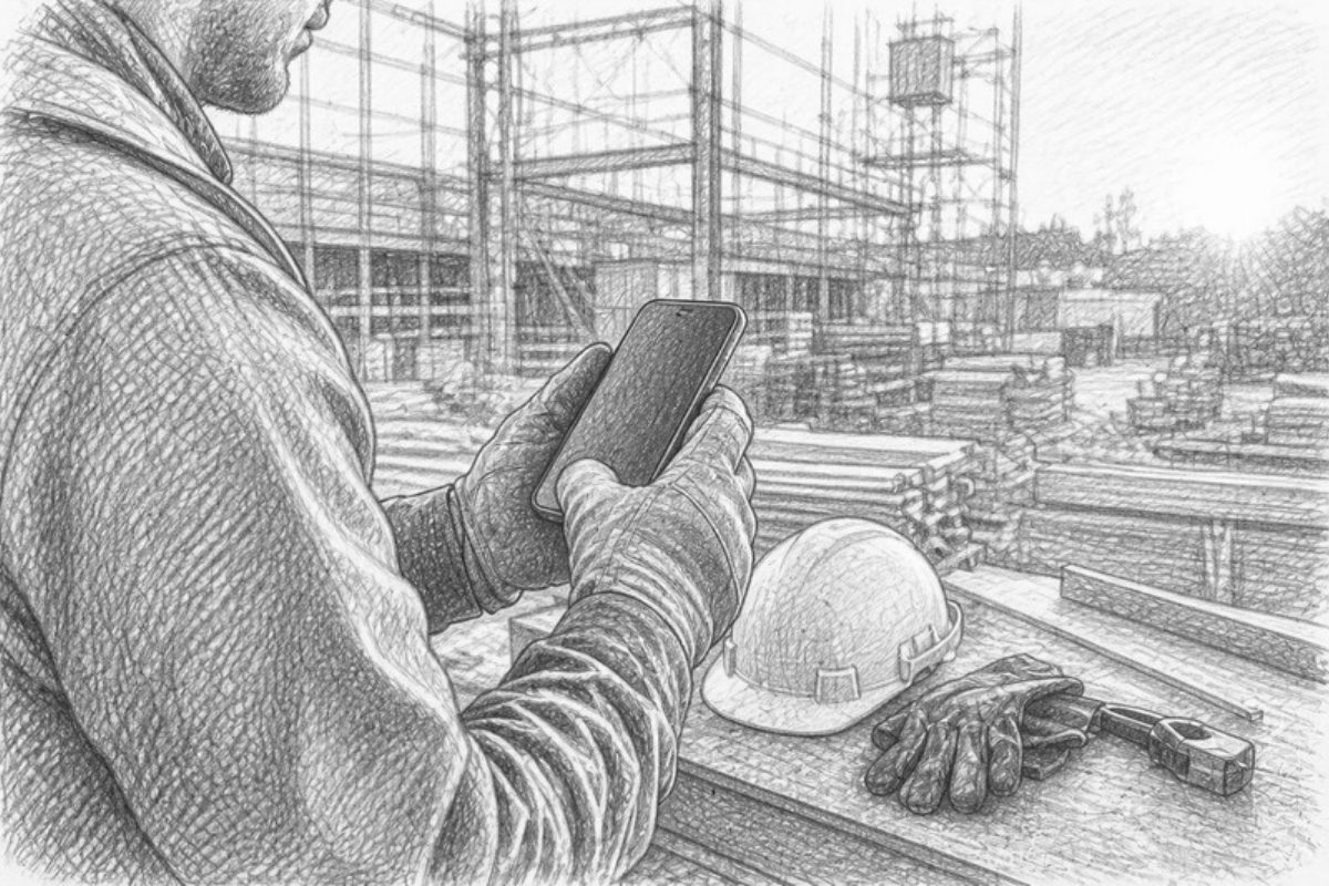 Sketch of contractor holding smartphone at construction site