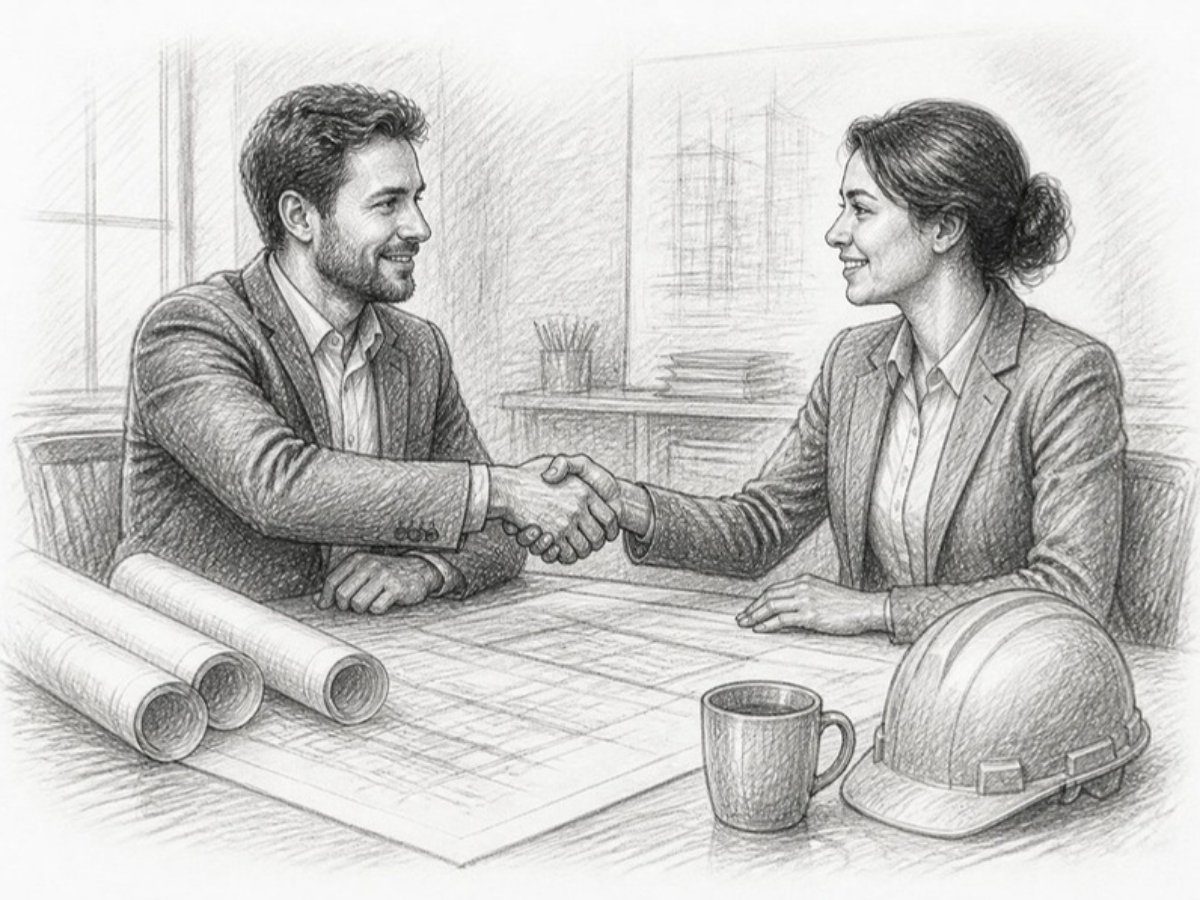 Sketch of a contractor and client shaking hands over plans at an office desk