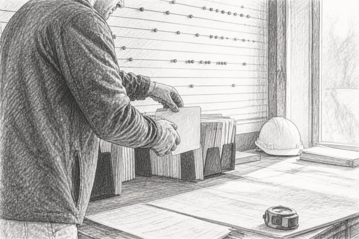 Sketch of estimator sorting bid folders in site trailer