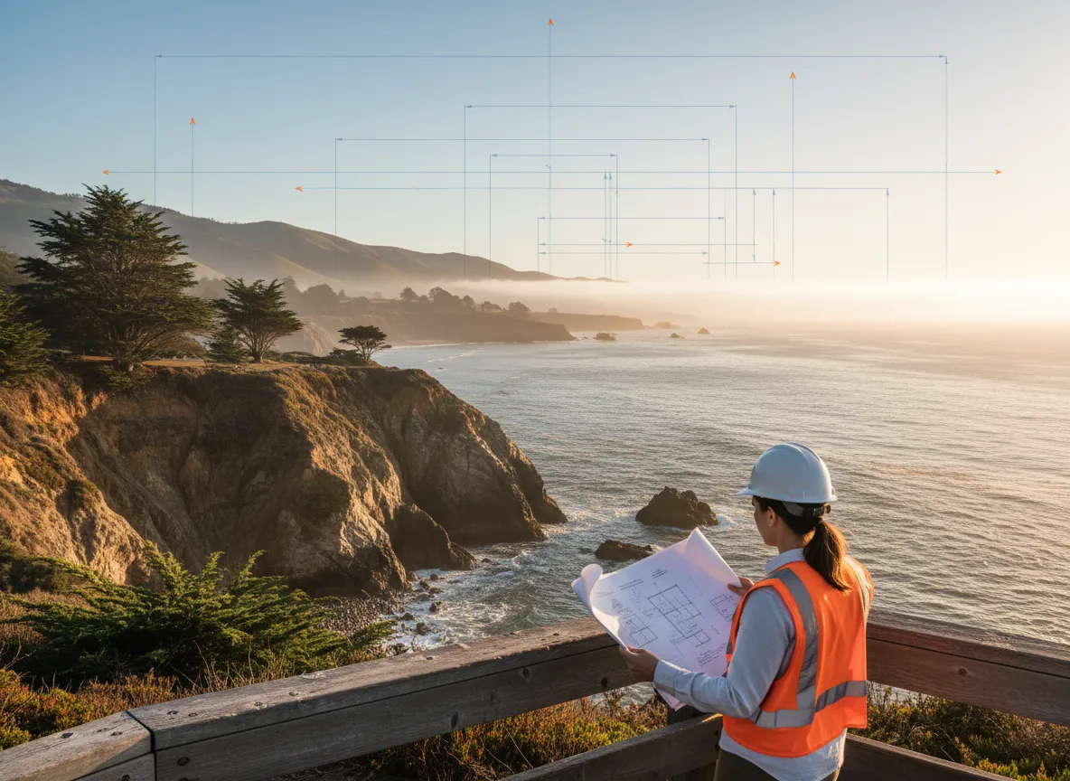 Contractor in a hard hat and orange safety vest reviews construction plans at a Santa Cruz coastline overlook, with a subtle blueprint overlay in the sky above the cliffs and ocean.