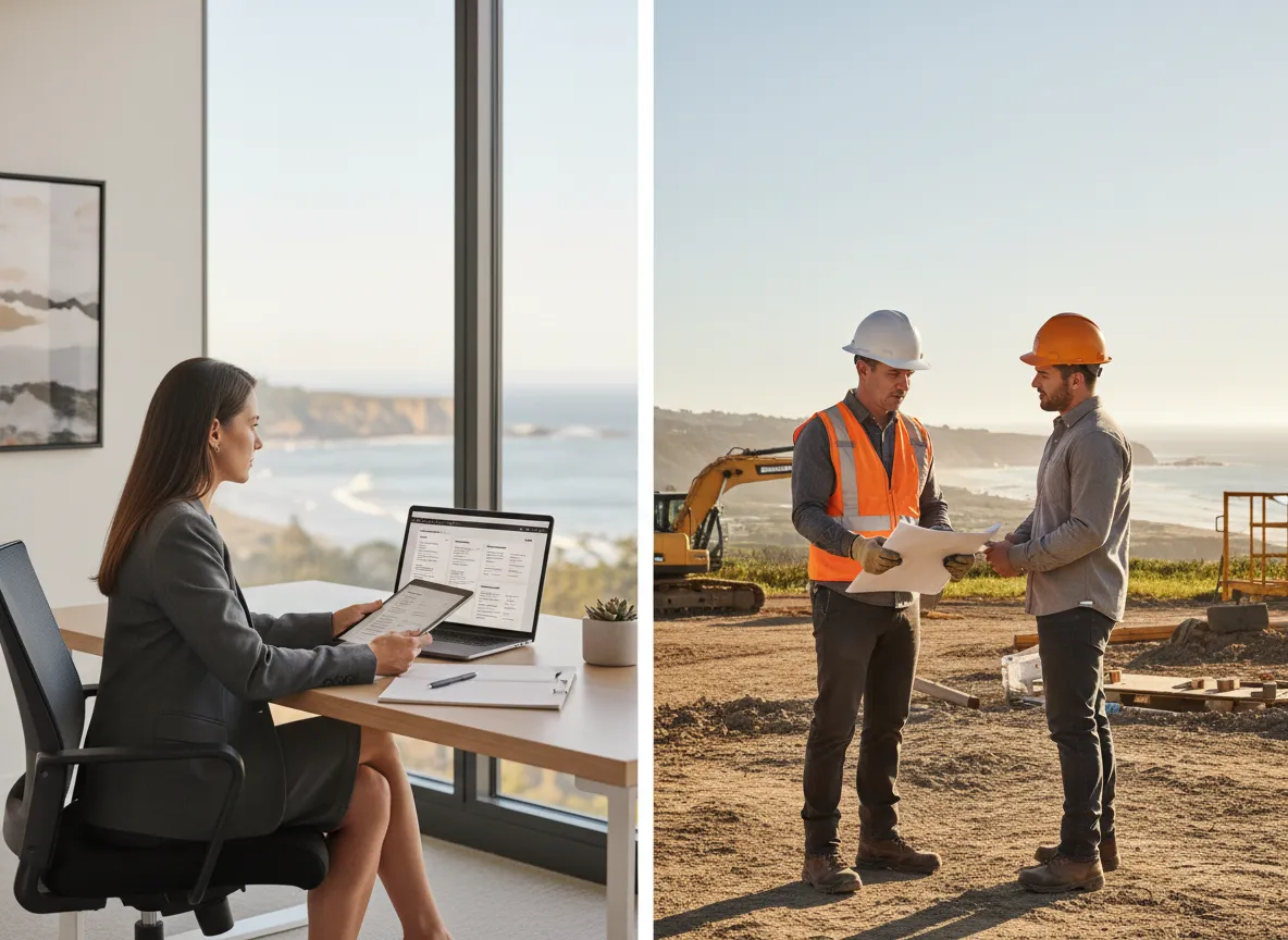 Side-by-side split image showing corporate recruiting in an office on the left and construction field recruiting on the right, with a subtle Santa Cruz coastline feel and orange/charcoal brand accents.
