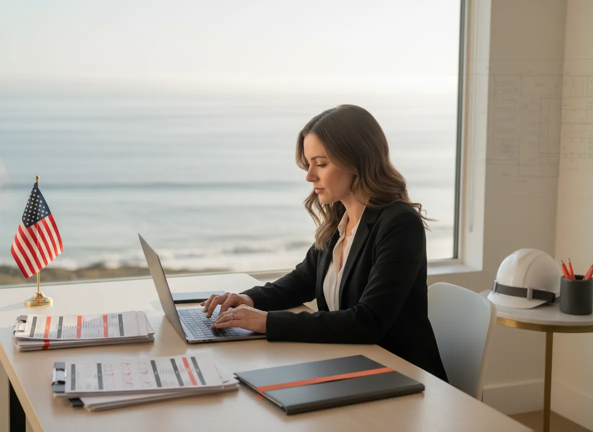 Federal contracting consultant in a coastal California office drafts a construction RFP proposal on a laptop, with printed documents, a hard hat, and a subtle blueprint overlay.