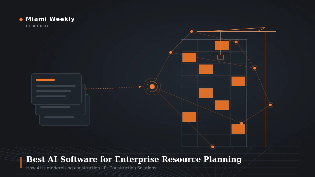 Dark charcoal and orange illustration showing AI in commercial construction: project document cards feed into a glowing AI hub node that overlays a blueprint high-rise with a tower crane. Title "Best AI Software for Enterprise Resource Planning," credited to Miami Weekly and R. Construction Solutions.