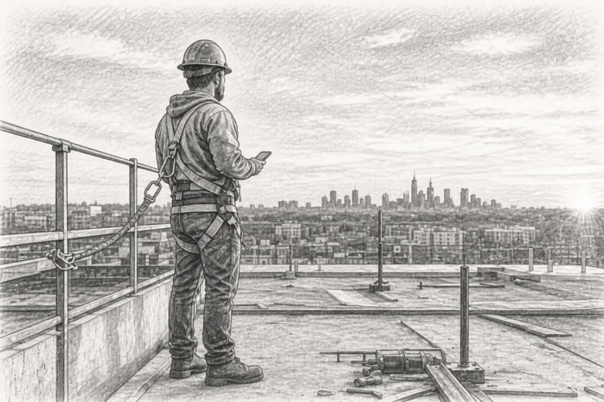 Sketch of contractor checking phone at construction site