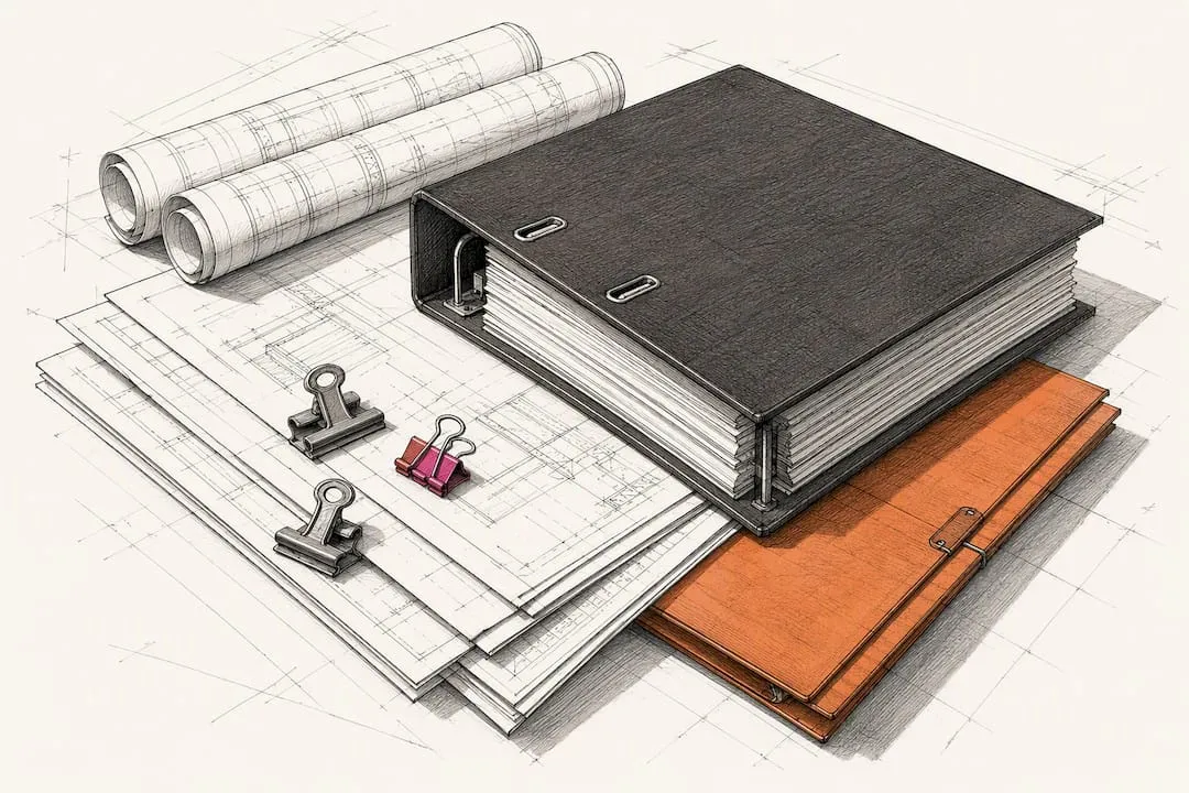 Controlled construction documents on drafting table