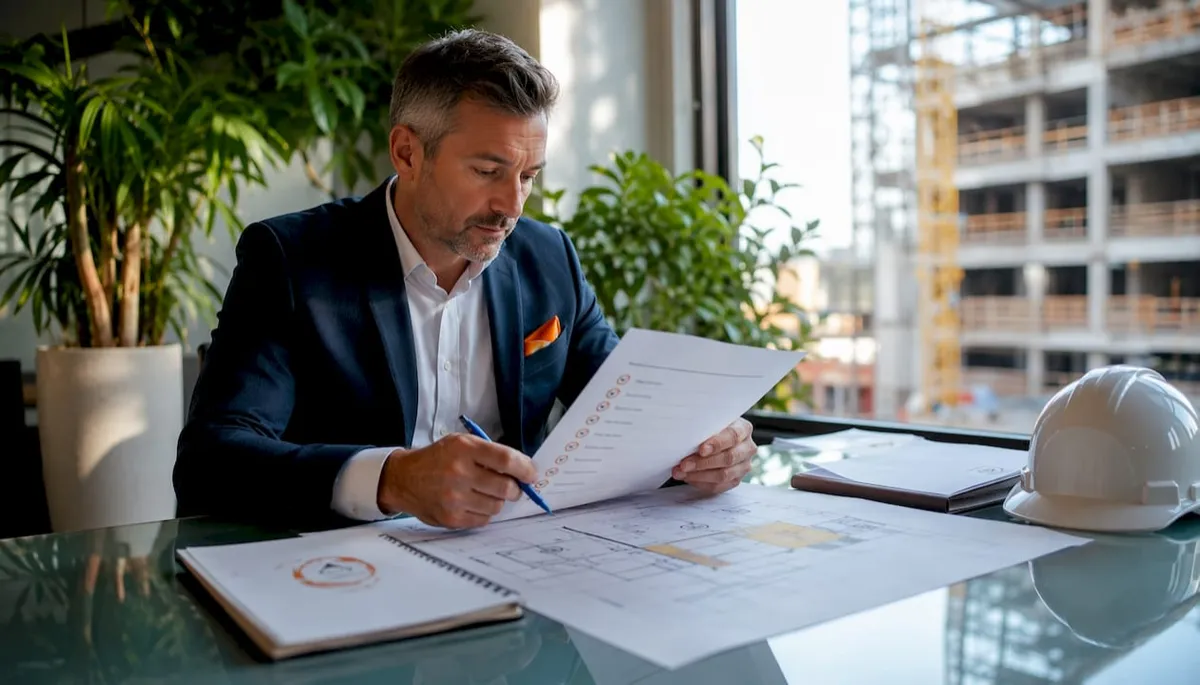 Business owner reviewing hiring timeline checklist in office