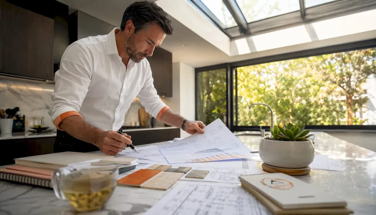 Construction estimator reviewing documents at desk