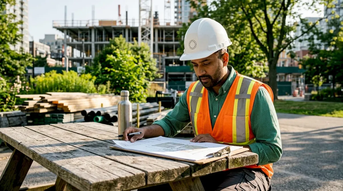 Project manager reviewing construction plans on site