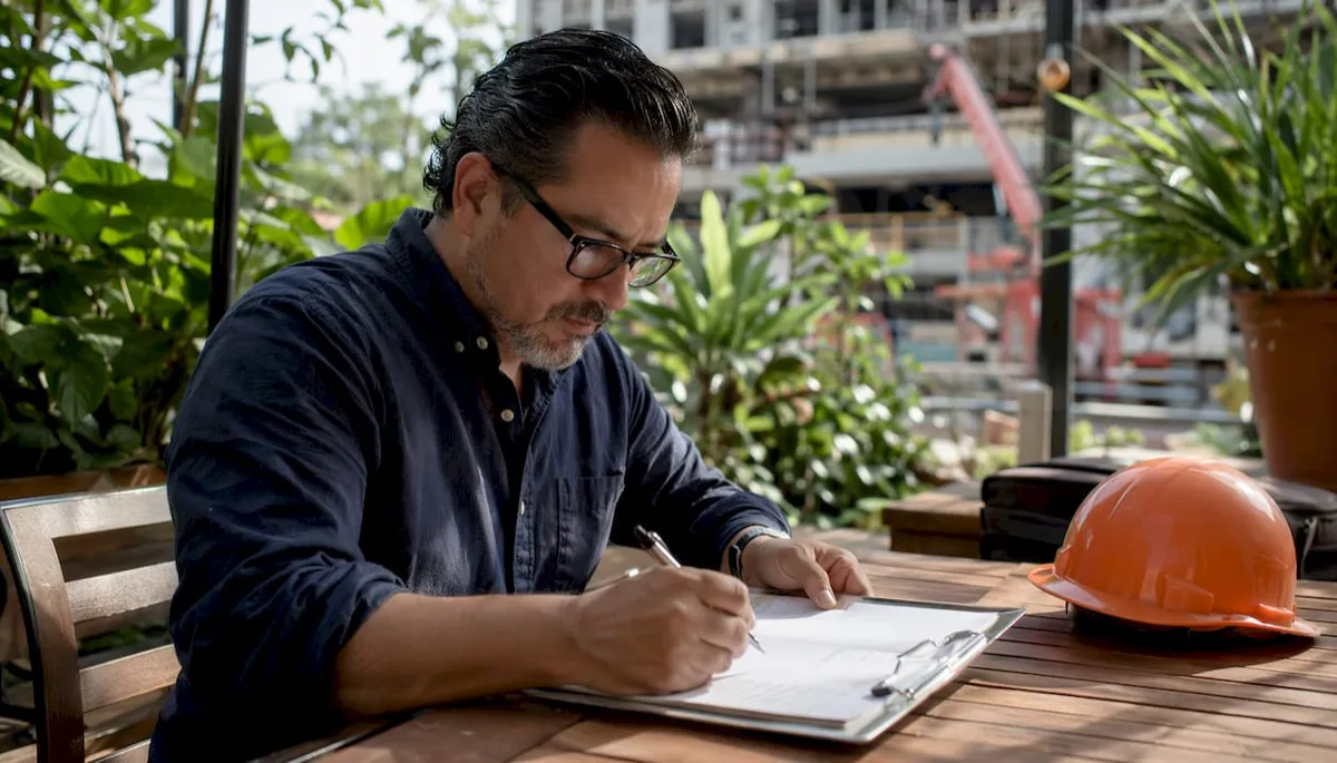 Contractor reviewing licensing checklist at office table