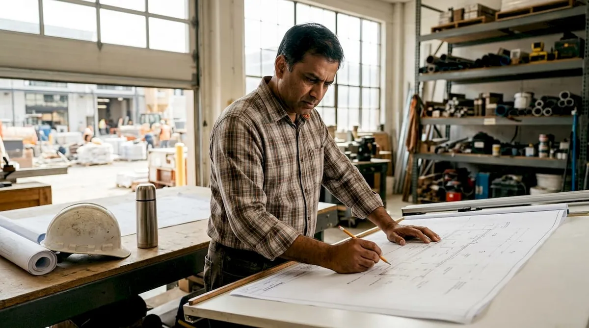 Mechanical contractor reviewing project blueprints