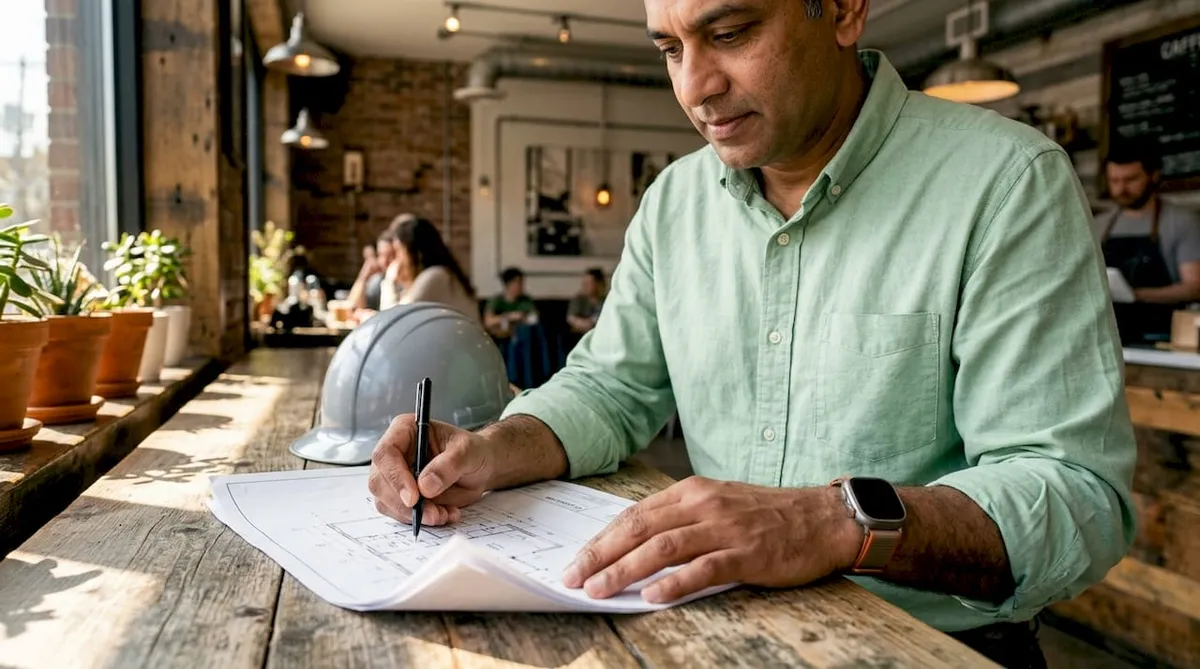 Construction estimator reviewing blueprints
