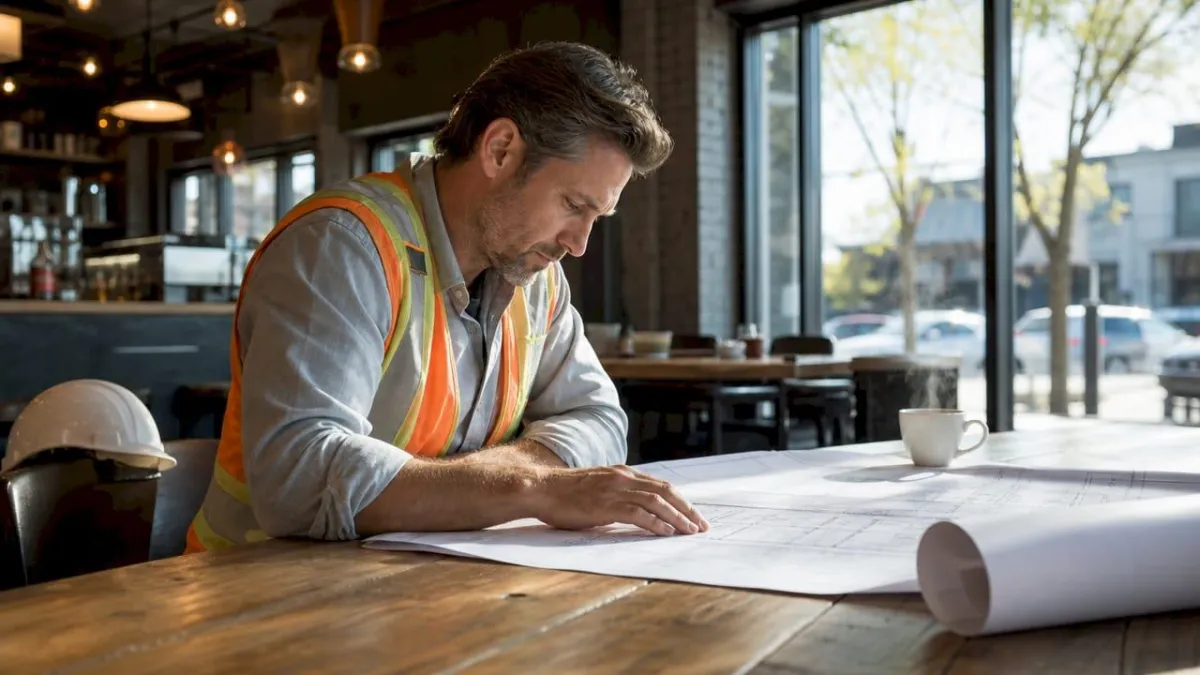 Construction owner reviewing plans in warehouse office
