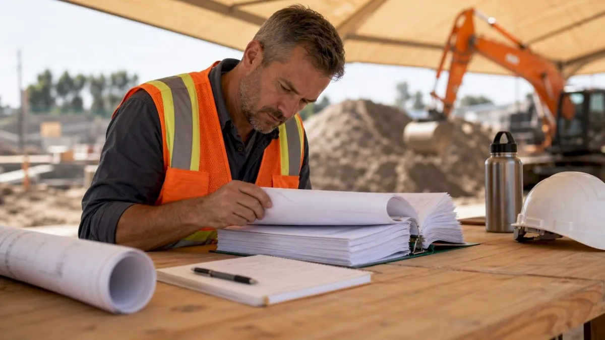 Project manager reviewing construction portfolio documents