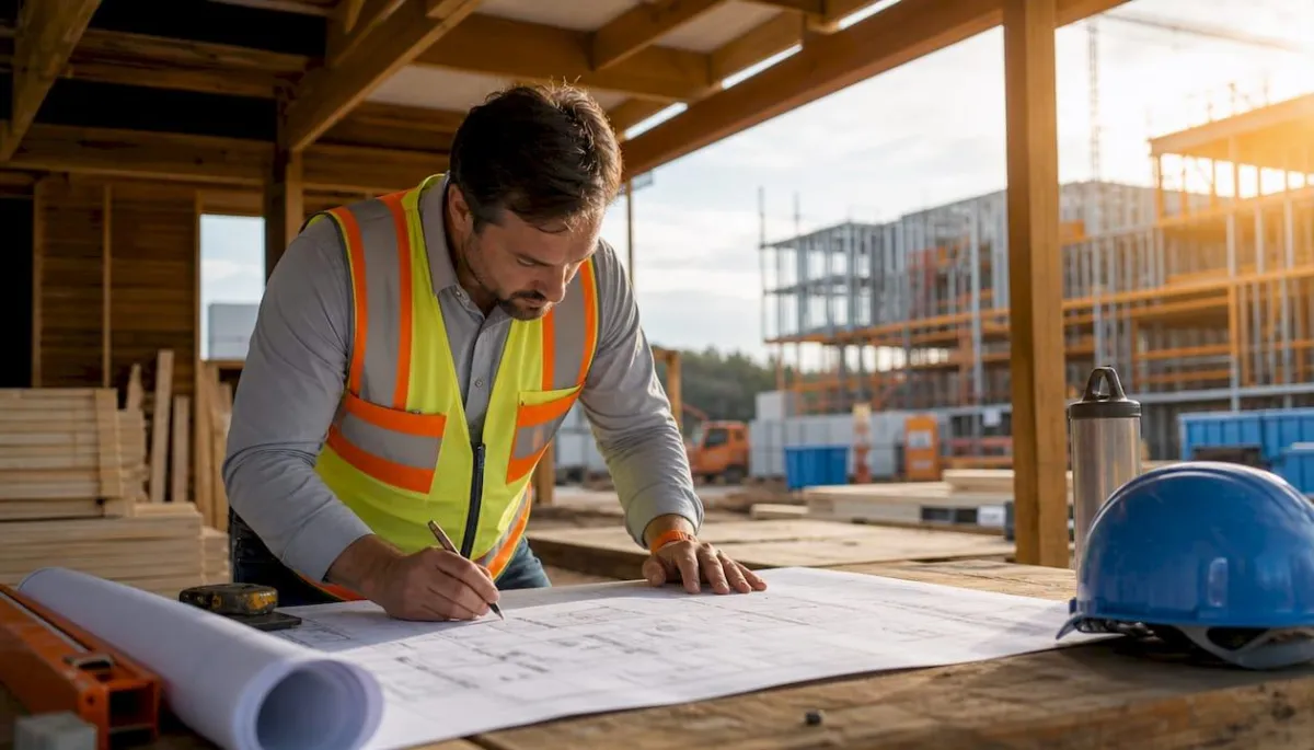 Project manager reviewing construction workflow in site trailer