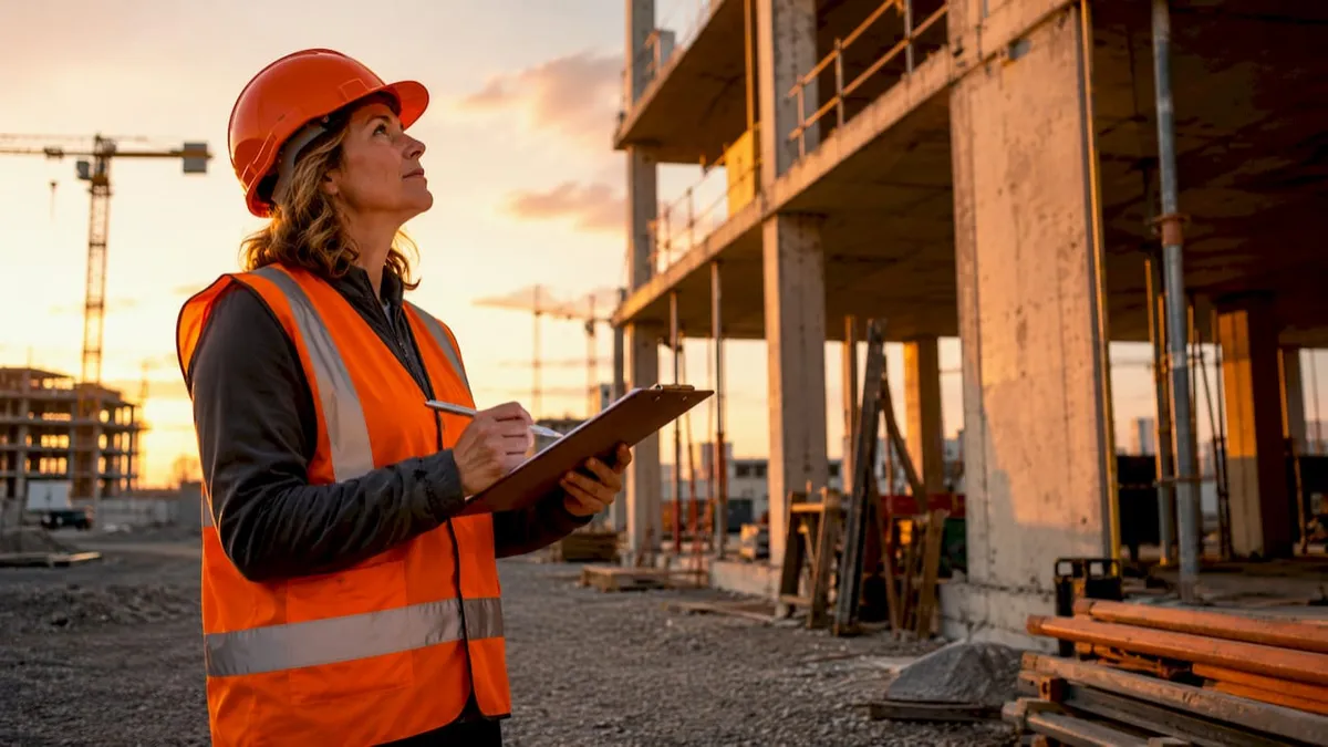 Construction monitor inspecting building site