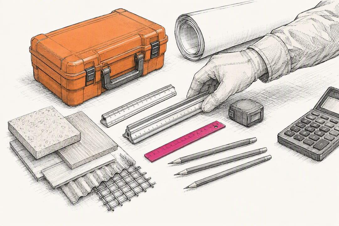 Construction estimating tools arranged at a workstation