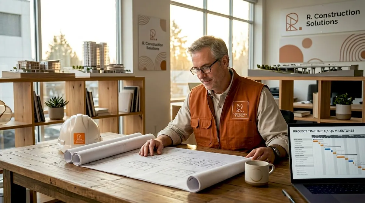 Construction consultant reviewing plans in office