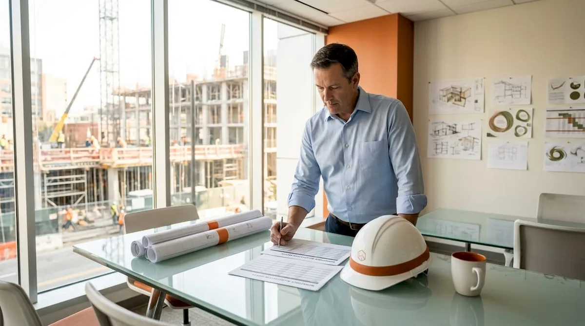 Operations manager reviewing project documents in office