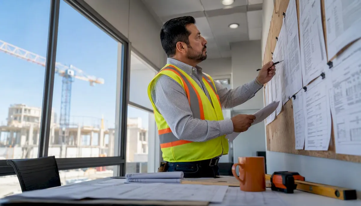 General contractor reviewing product specs and bids at desk